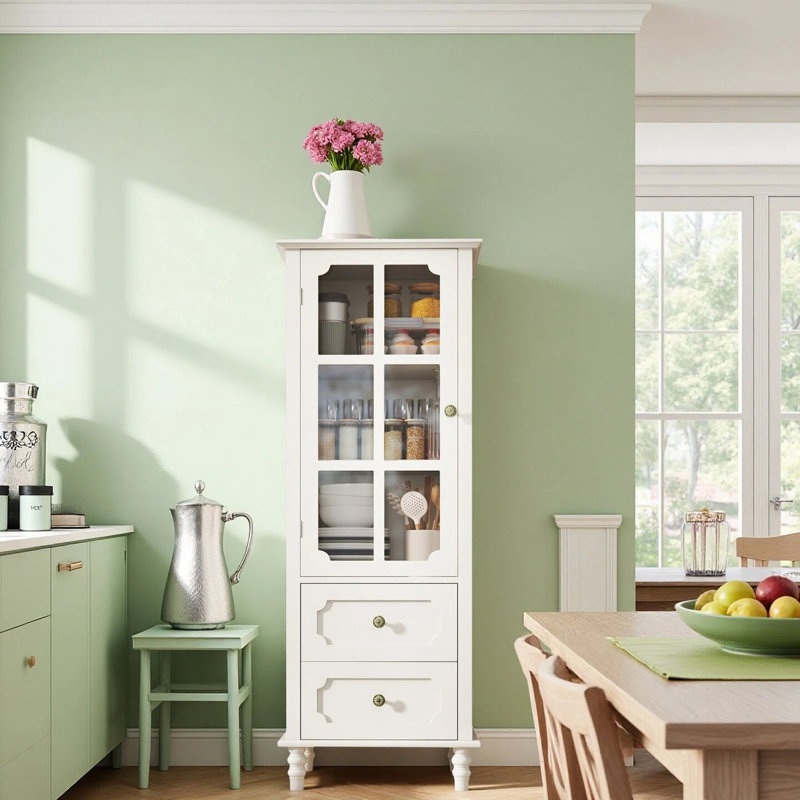 Buffet Buffet avec portes en verre et tiroir, armoire de rangement en bois avec tablette réglable, Blanc