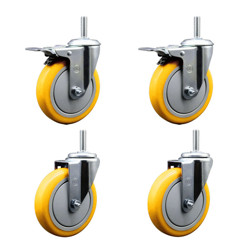5 Inch Poly Swivel 5/8 Inch Threaded Stem Caster Set 2 Total Lock Brakes, Jaune
