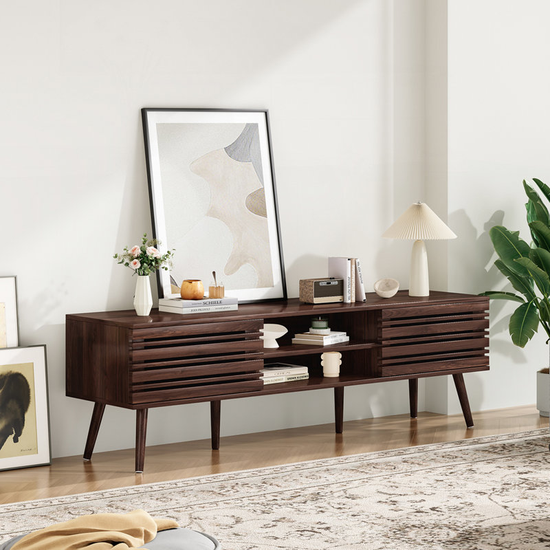 Mid-Century Modern TV Stand for TVs up to 70" with Fluted Wood and Cable Management, Walnut