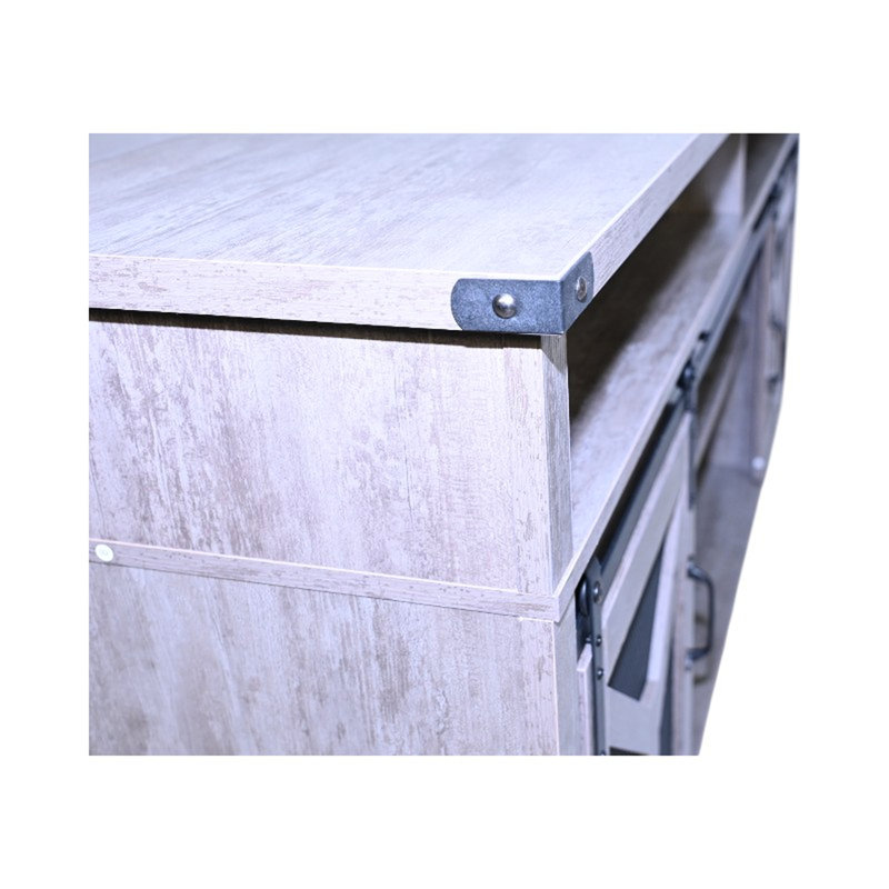 Meuble télé 65,3 po avec porte de grange, bandes à DEL et décor en Y, ton de bois gris, installation de 60 à 69 po avec finition coulissante, espace