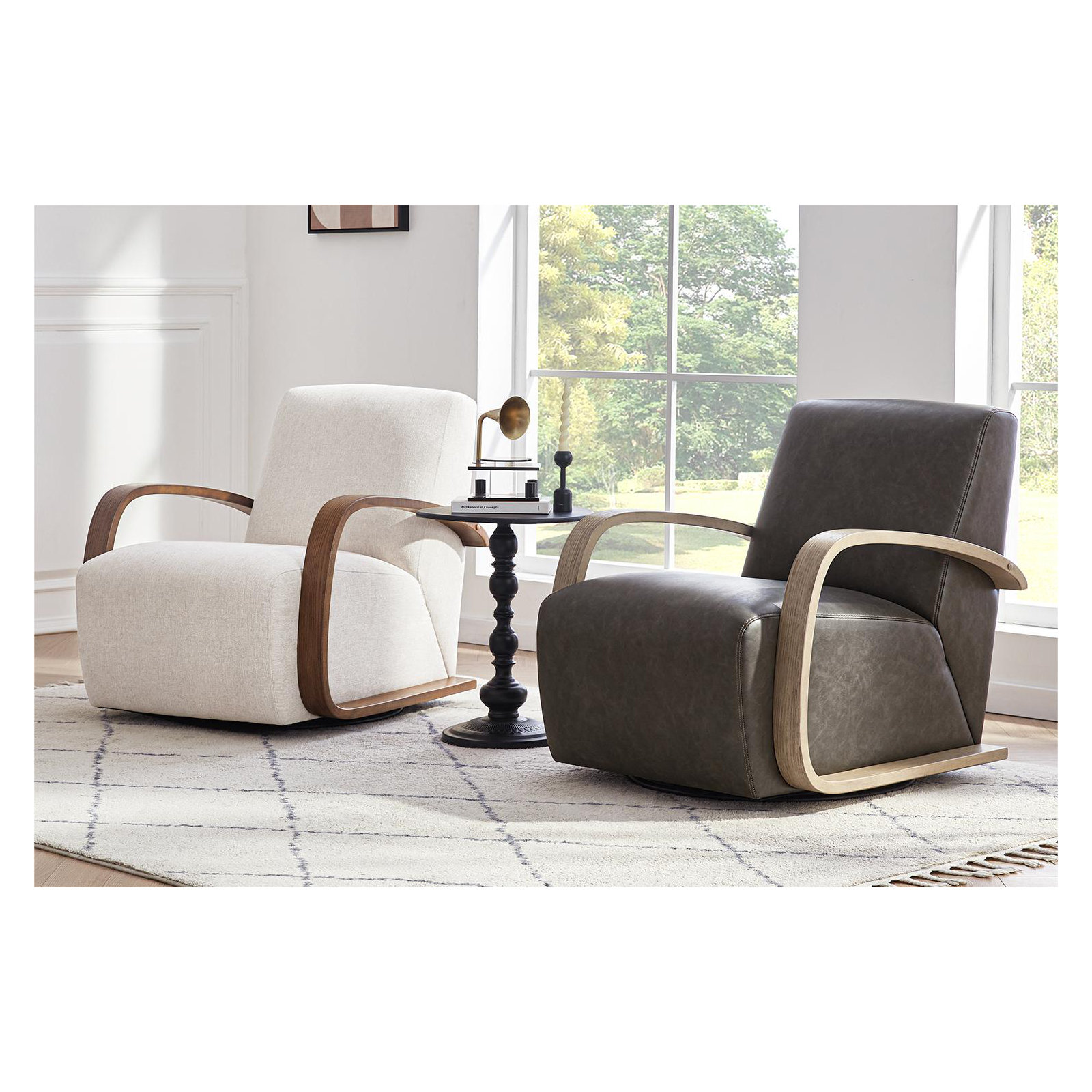 Brehana Swivel Armchair, Washed Linen Performance Weave, Hearth Walnut