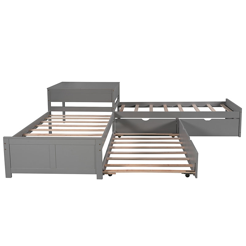 L-shaped Platform Bed with Trundle and Drawers Linked with built-in Desk, Gray