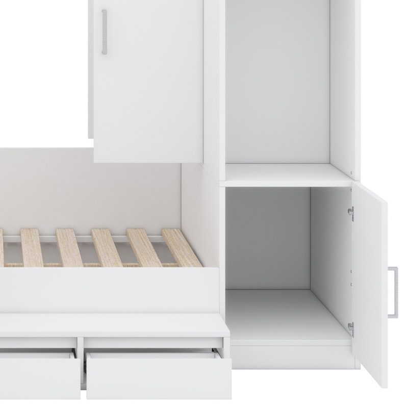 Wooden Platform Bed With Drawers, Shelves, Desk And Wardrobe, White