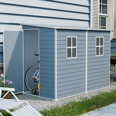 Remise de rangement extérieure en résine 4 pi x 8 pi avec plancher, deux fenêtres, portes imperméables et verrouillables, abat-jour gris, base de plancher stable, toit incliné pour les pelouses de patio, deux fenêtres, portes de patio, cour,