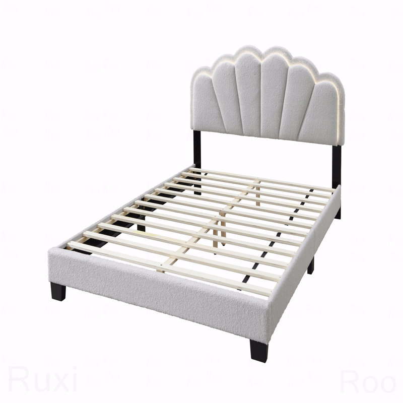 Cadre de lit plateforme tapissier en laine grand DEL, motif floral, Blanc