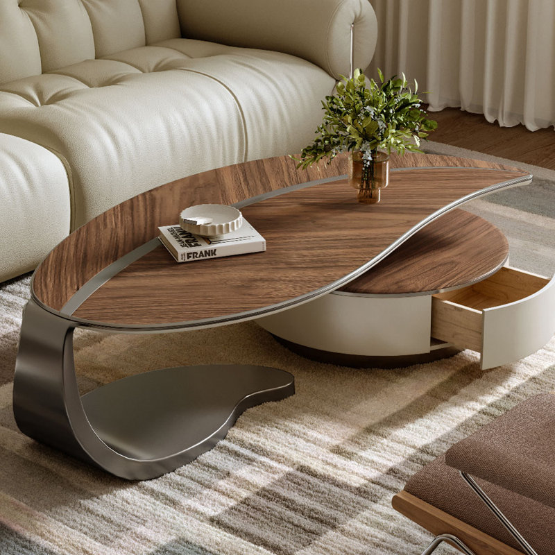 Table basse en forme de feuille avec 2 tiroirs, centre de table en grain de bois de noyer pour le salon
