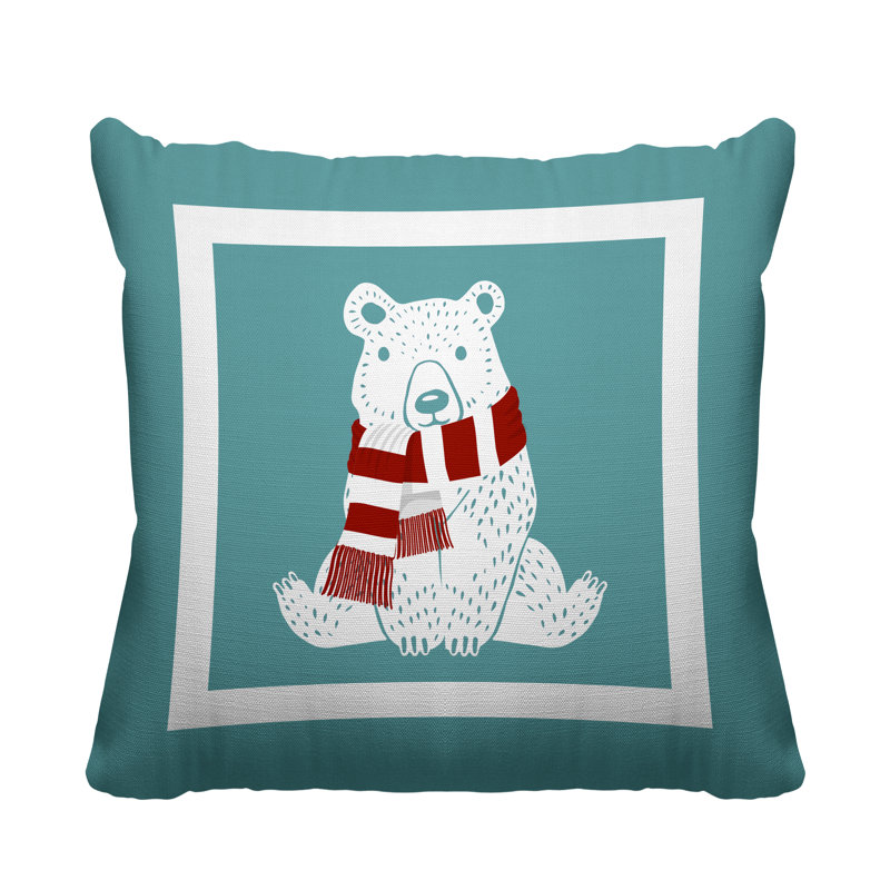 Coussin intérieur / extérieur Folk Christmas Bear, L 19 po x H 19 po, Ciel