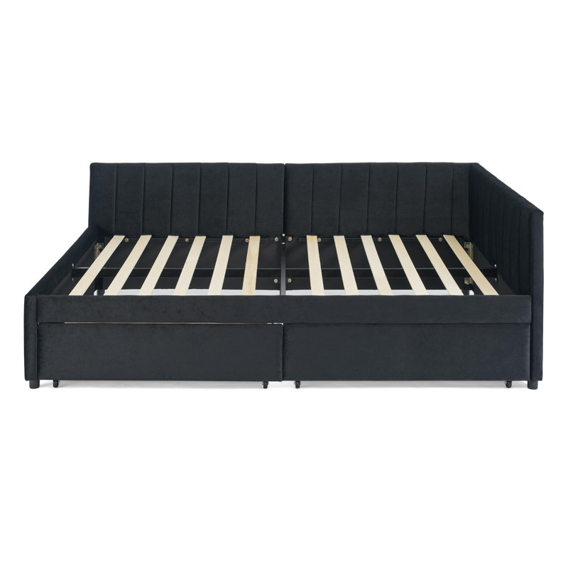 Full Size Upholstered Tufted Bed Frame with Two Drawers, Sofa Bed Frame with Comfortable Backrest and Armrests, Velvet, Black