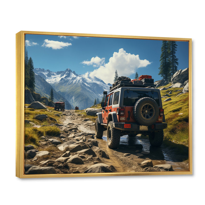 Jeep rouge au parc national de Yosemite, H 30 po x l 40 po x P 1,5 po, Cadre flottant doré