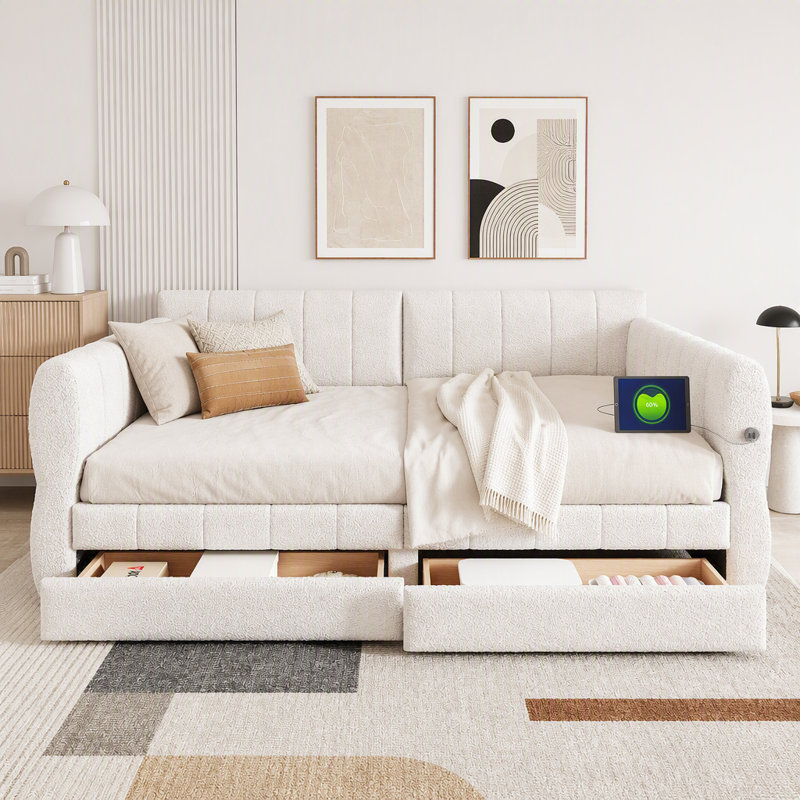 Grand lit plateforme tapissier avec USB et 2 tiroirs, blanc, Grand lit, Blanc, 2 tiroirs