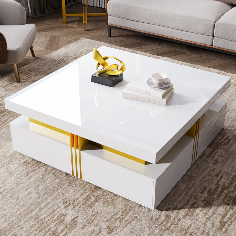 Table basse carrée avec rangement à 4 tiroirs, Blanc, Blanc