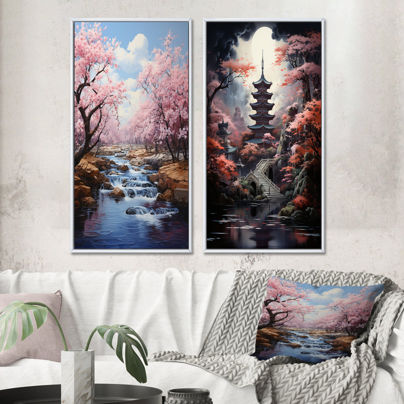 Japon Art Sakura Dream - rose et bleu - ensemble de 2 reproductions, Cadre blanc, H 40 po x l 40 po