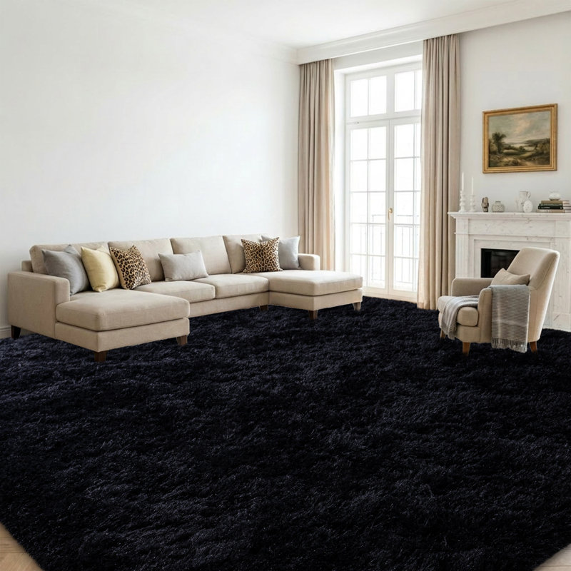 Solid Rug Soft Fluffy Black Indoor Area Rug for Living Room Bedroom Nursery Kids Room, Rectangle 10' x 14', Black