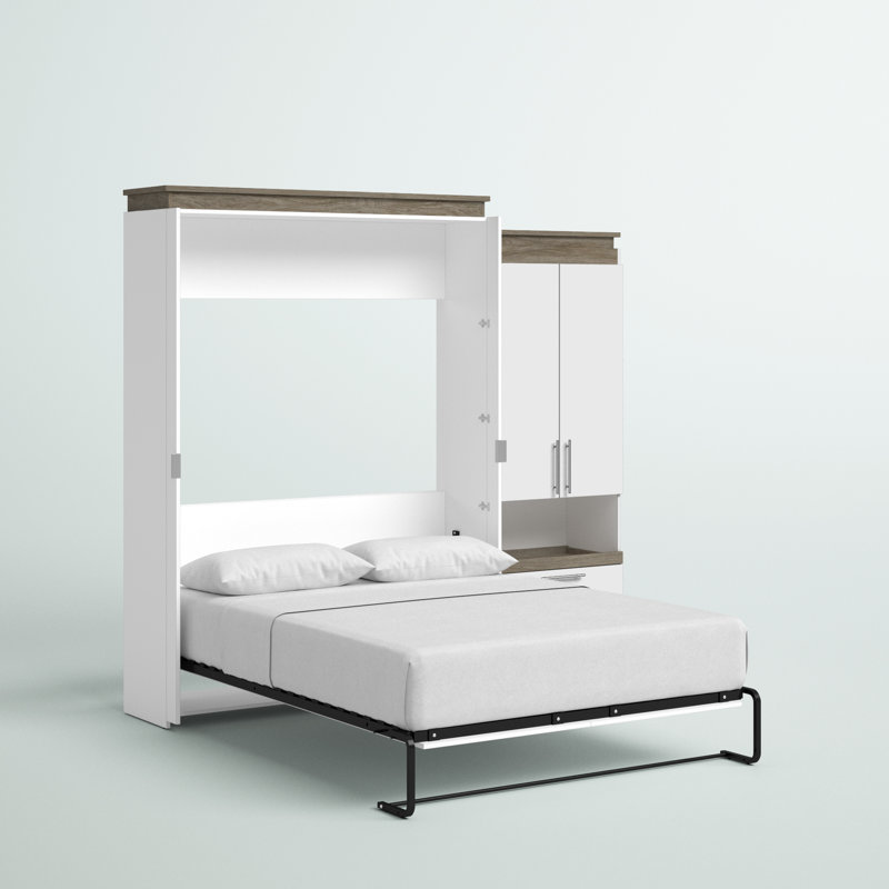 Camalla Murphy Bed and Storage Cabinet with Pull-Out Shelf, White, Full