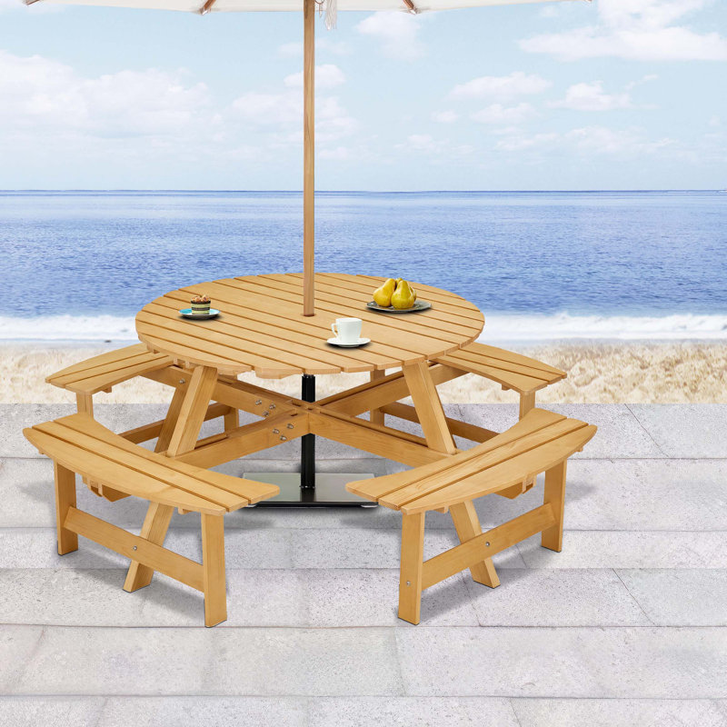8-Person Outdoor Round Picnic Table Set with 4 Built-in Benches & Umbrella Hole - for Garden, Backyard, Porch & Patio - Natural Wood