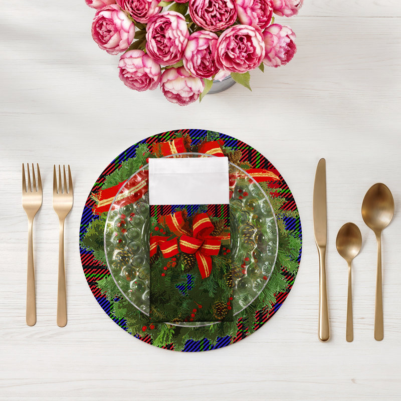 Christmas Wreath Cotton Sateen Dinner Napkins, Tartan Blue