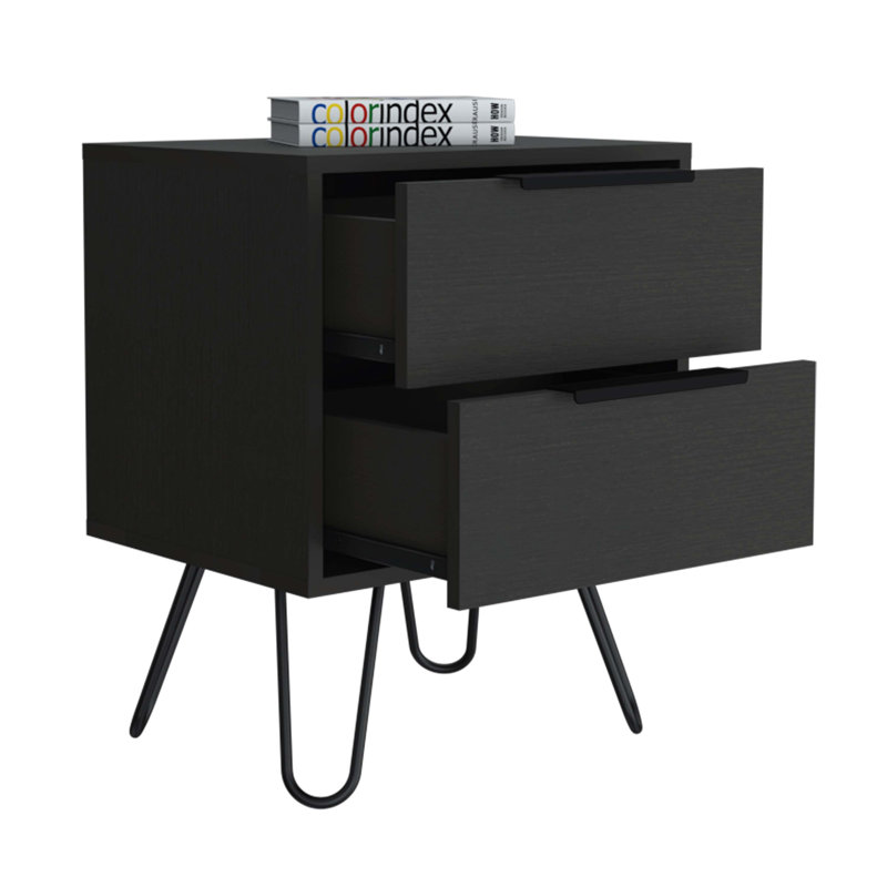 Nightstand, Hairpin Legs, Two Drawers, Black