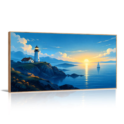White Lighthouse and Sailboat on Rocky Coast at Sunset Canvas Wall Art