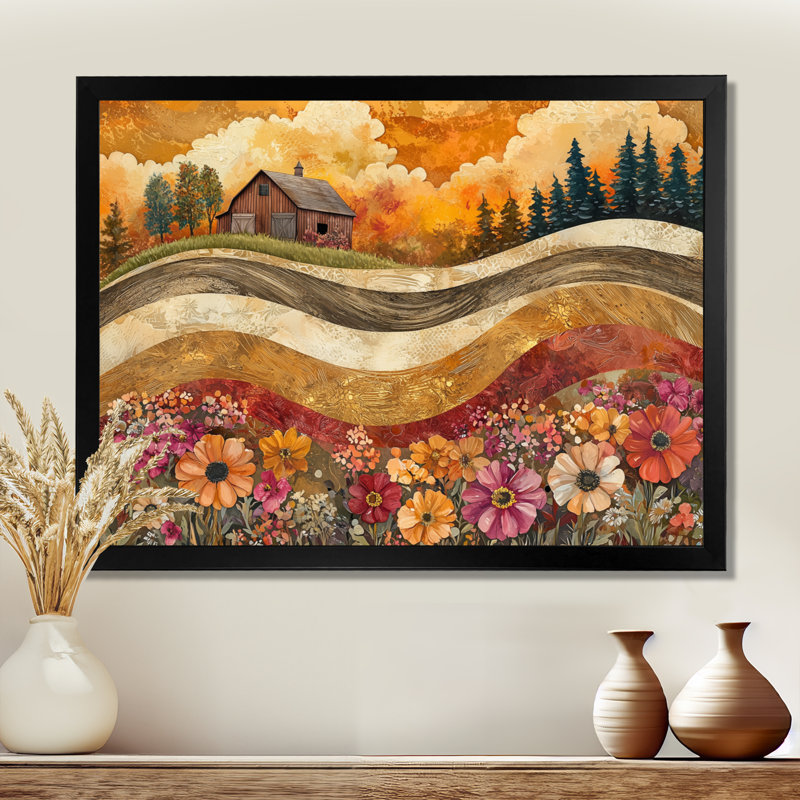 Assortiment de bouquets de fleurs, paysage de grange III - campagne, art mural, H 30 po x l 40 po, Cadre simple, Noir