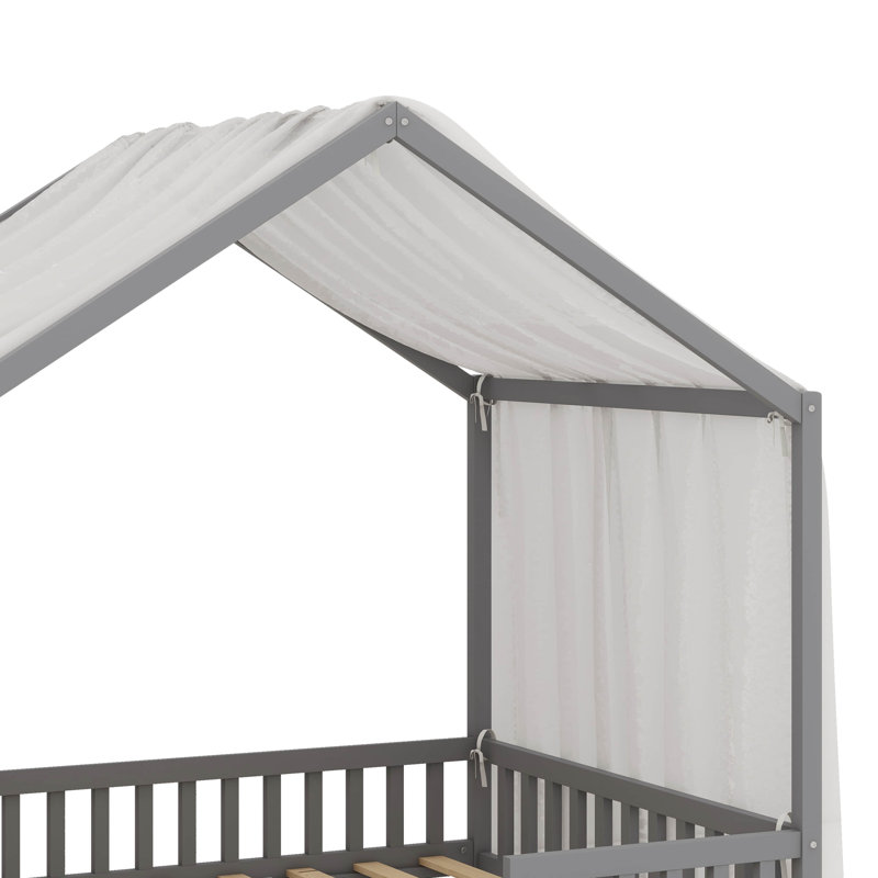 Lit en bois avec auvent, structure de maison et rails latéraux surélevés, avec structure semblable au toit, Full