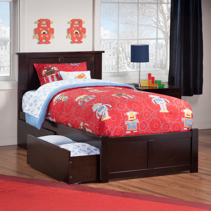 Lit plateforme en bois massif avec pied de lit et tiroirs de rangement Fogarty, Simple TG, Espresso