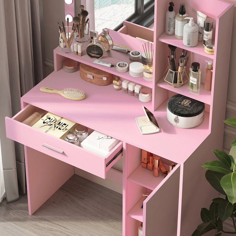 Coiffeuse avec miroir et lumière, grand tiroir, rangement à trois niveaux, 3 modes d'éclairage, luminosité réglable, table de toilette pour chambre (rose)