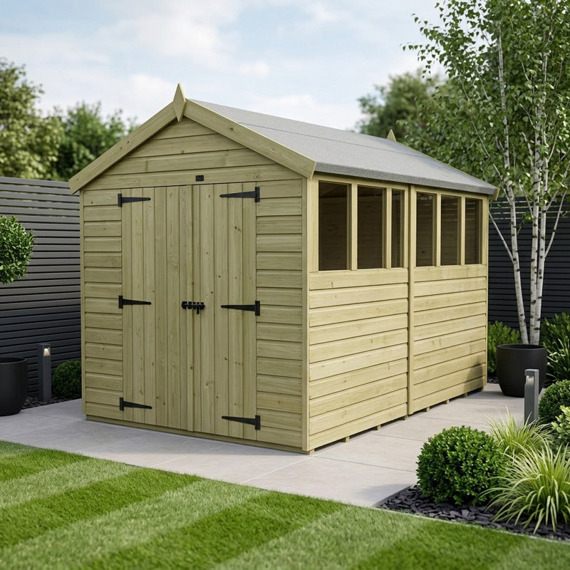 Total Sheds 8ft x 12ft Apex Garden Shed - Double Door - With Windows - Pressure Treated Timber - UK Manufactured