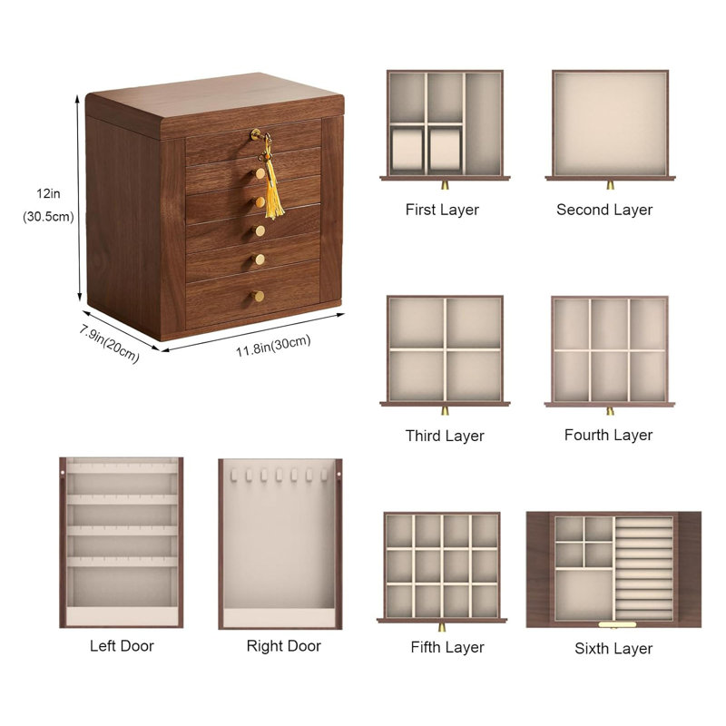 6 Layer Black Walnut Lockable Wooden Jewelry Box with Mirror & 2 Side Doors