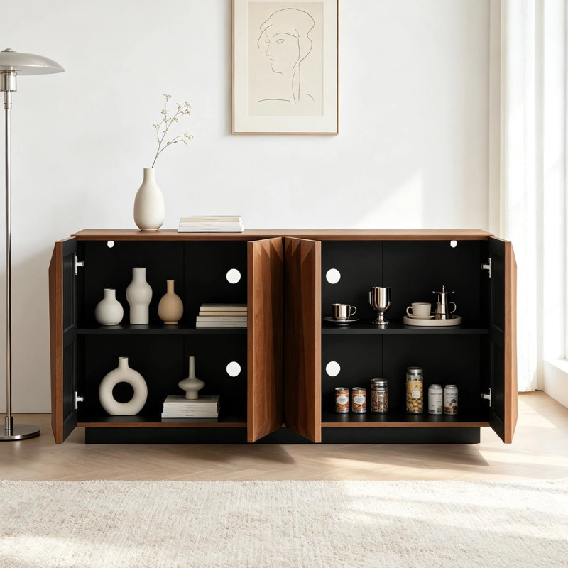 Buffet 60 "Mid-Century avec portes à texture 3D, crédence de rangement à 4 portes et 2 tablettes