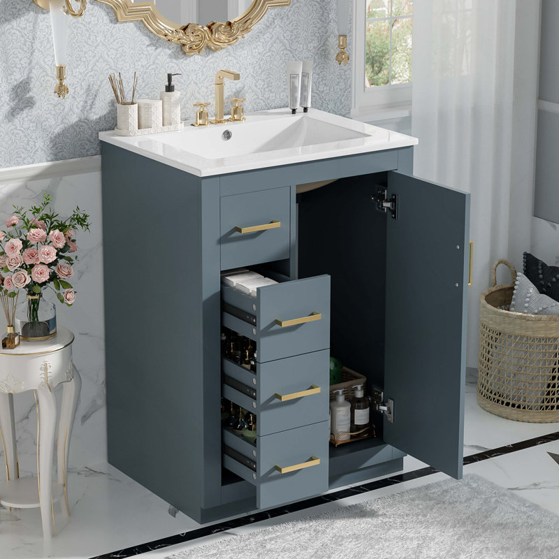 Meuble-lavabo 24 po avec lavabo intégré en céramique, meuble-lavabo à une porte, 3 tiroirs et meuble-lavabo simple pour petite et moyenne salle de bain