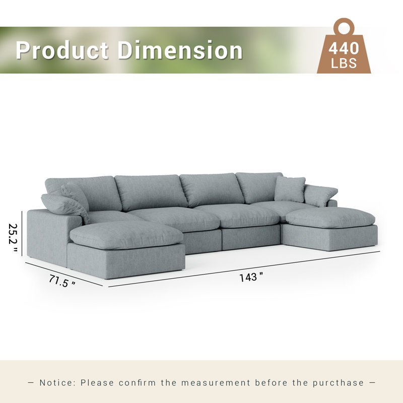 Hibo 143'' Upholstered Sofa, Oversized Cloud Modular Sectional Sofa Down Filled Comfort Modular Couch with Removable Cover for Living Room Office Apartment