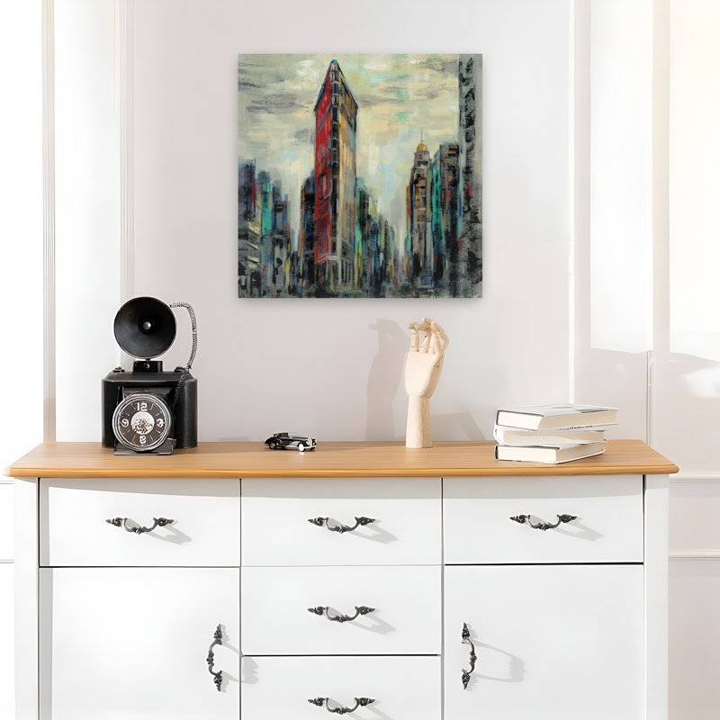 Contemporain Manhattan Flatiron Building avec art abstrait beige, H 18 po x l 18 po