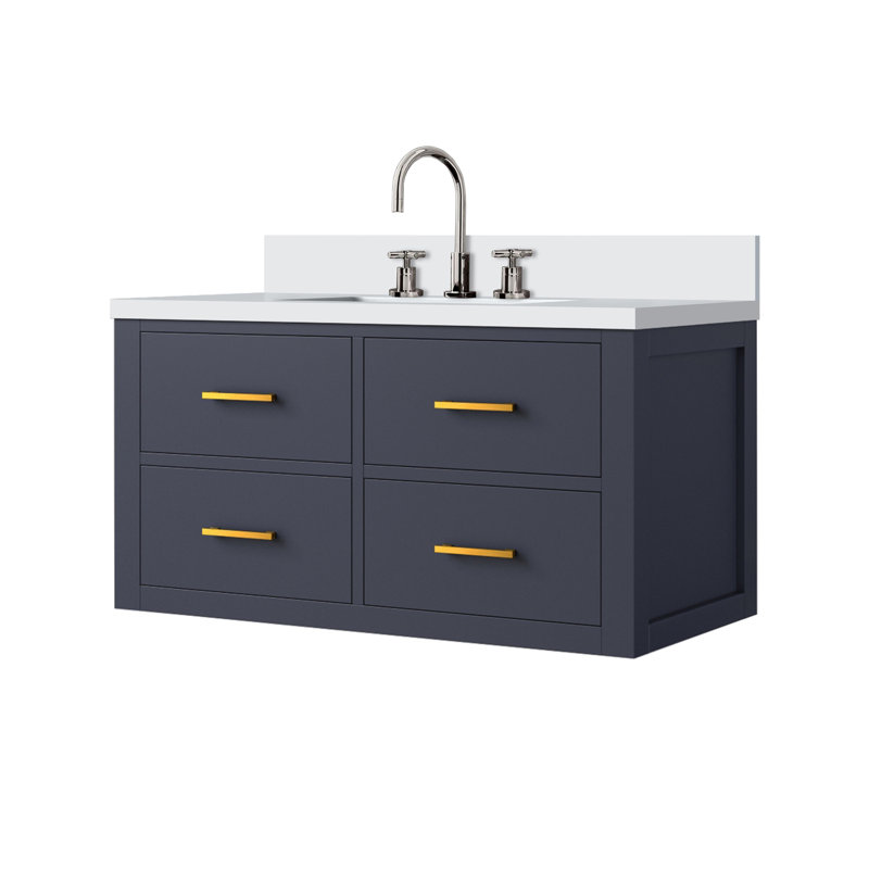 Ensemble de meuble-lavabo simple avec comptoir en quartz blanc et robinet, Bleu