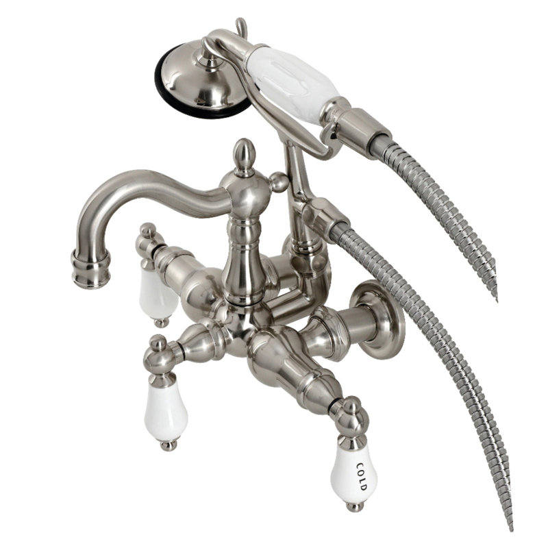 Kingston Brass Heritage Three-Handle 2-Hole Tub Wall Mount Clawfoot Tub Faucet with Hand Shower, Brushed Nickel