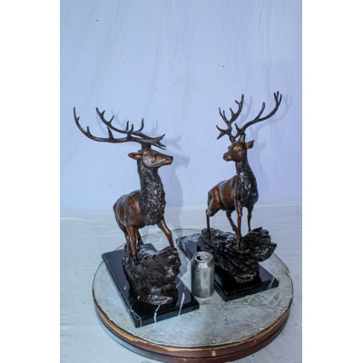 Paire de statues de cerf en bronze sur base de marbre, méthode de la cire perdue 15 po x 10 po x H 21 po