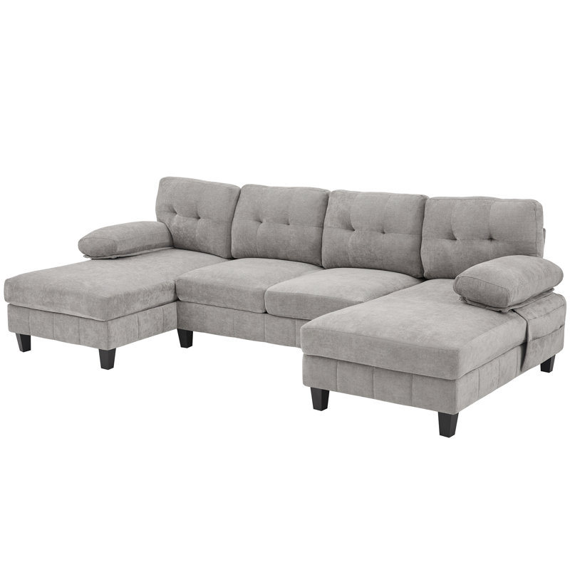 U-shaped Sectional Sofa 103.5" Chenille Fabric Couch with Dual Chaise Lounges, Storage Pockets and Armrest Pillows for Living Room, Grey