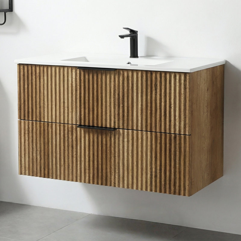 Meuble-lavabo mural 36 po avec lavabo intégré en céramique, tiroirs à fermeture en douceur, conception à suspension peu encombrante