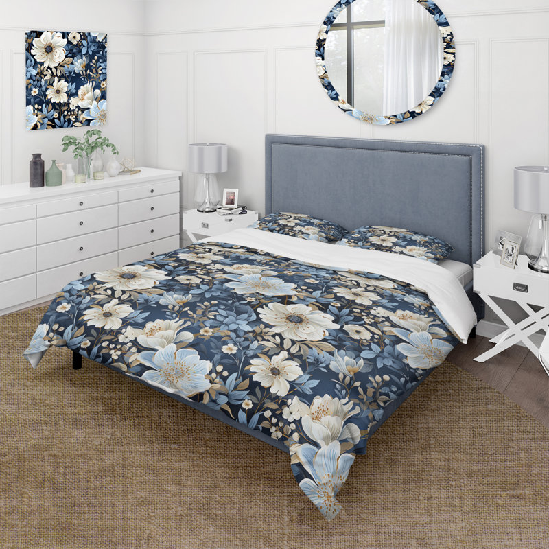 Ensemble de housse de couette à motif floral bleu rustique, Housse de couette pour grand lit et 2 taies décor