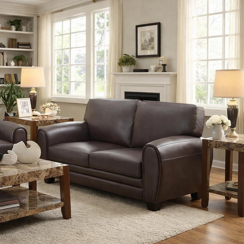 Jouse 63" Faux Leather Recessed Arm Loveseat, Dark Brown Faux leather