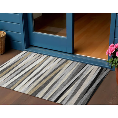 3' X 5' Grey Striped Washable Indoor Outdoor Area Rug