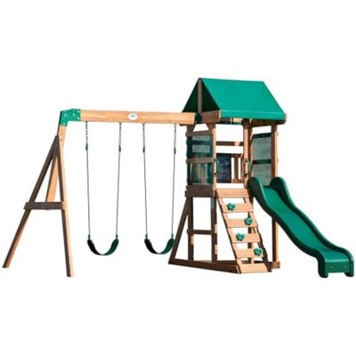 Buckley Hill Cedar Wood Swing Set With Wave Slide, Play Deck, Rock Wall Ladder, Belt Swings, Chalkboard, Canopy Roof, Outdoor Playset