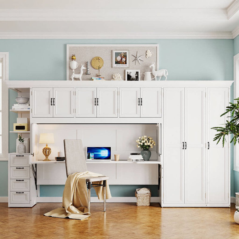 Lit escamotable simple avec garde-robe, armoire et bureau en gris compact - lit mural multifonctionnel pour petits espaces