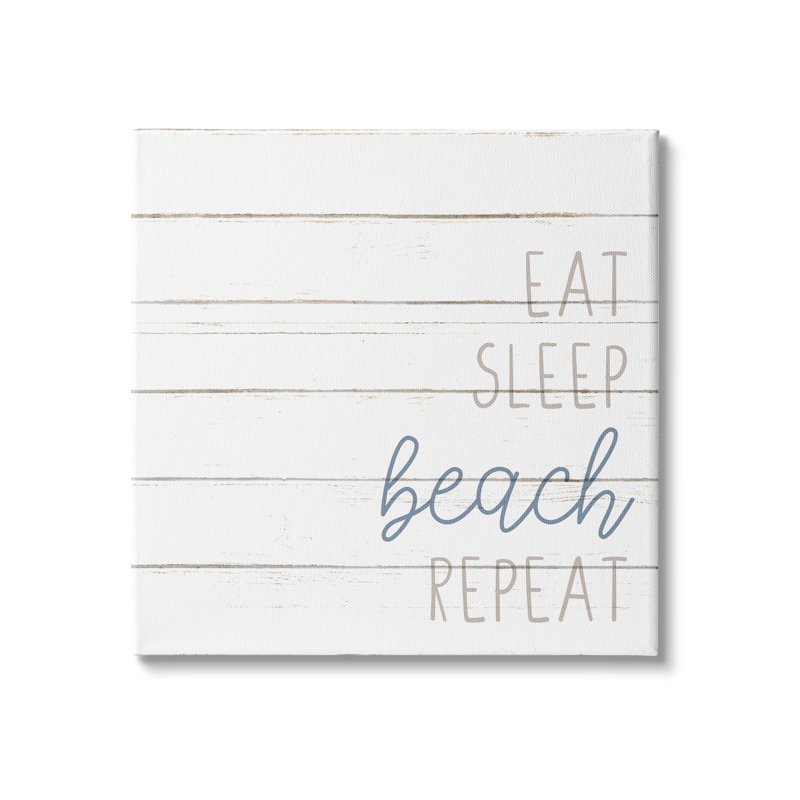 "Eat Sleep Beach", phrase répétée, planche blanche, art mural par Kim Allen, H 36 po x l 36 po x P 1,5 po, Toile tendue