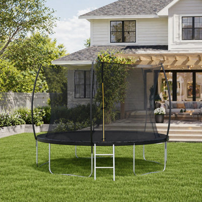Trampoline 12 pi avec filet d'enclos, échelle et poteau de clôture incurvé pour un plaisir familial en toute sécurité, coussin de couleur double face