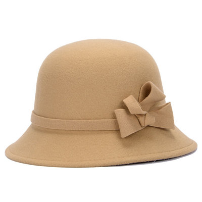 Women Cap Solid Color Bowler Cap Faux Wool Wide Brim Cloche Hat for Tea Party Church Wedding