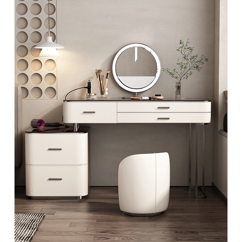 Coiffeuse en cuir de silicone moderne avec pieds en acier inoxydable et armoire de rangement intégrée
