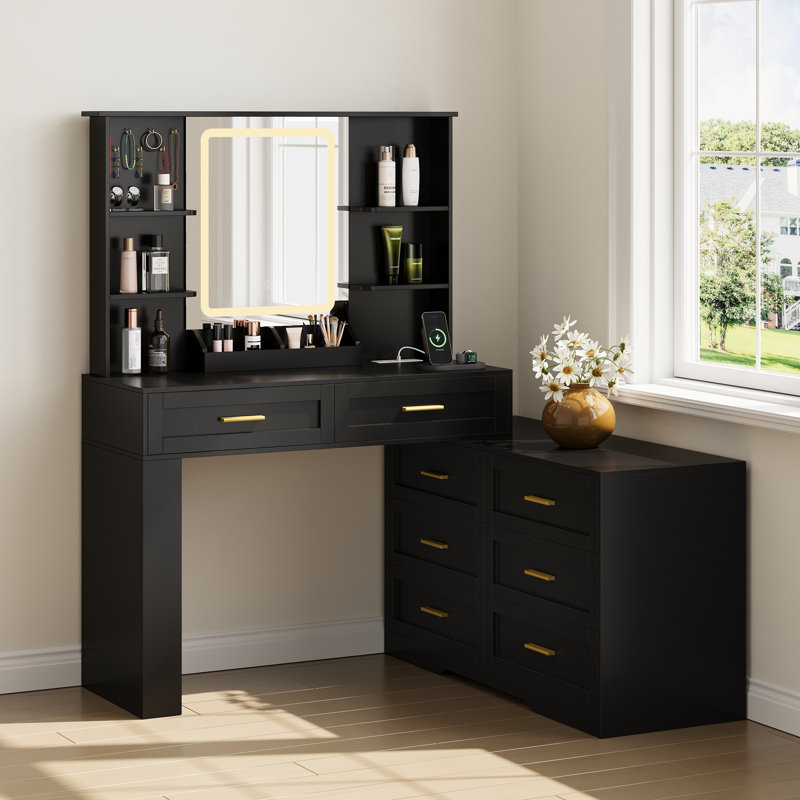 81" W Large Makeup Vanity with Adjustable LED Lighting and Charge Station, Black