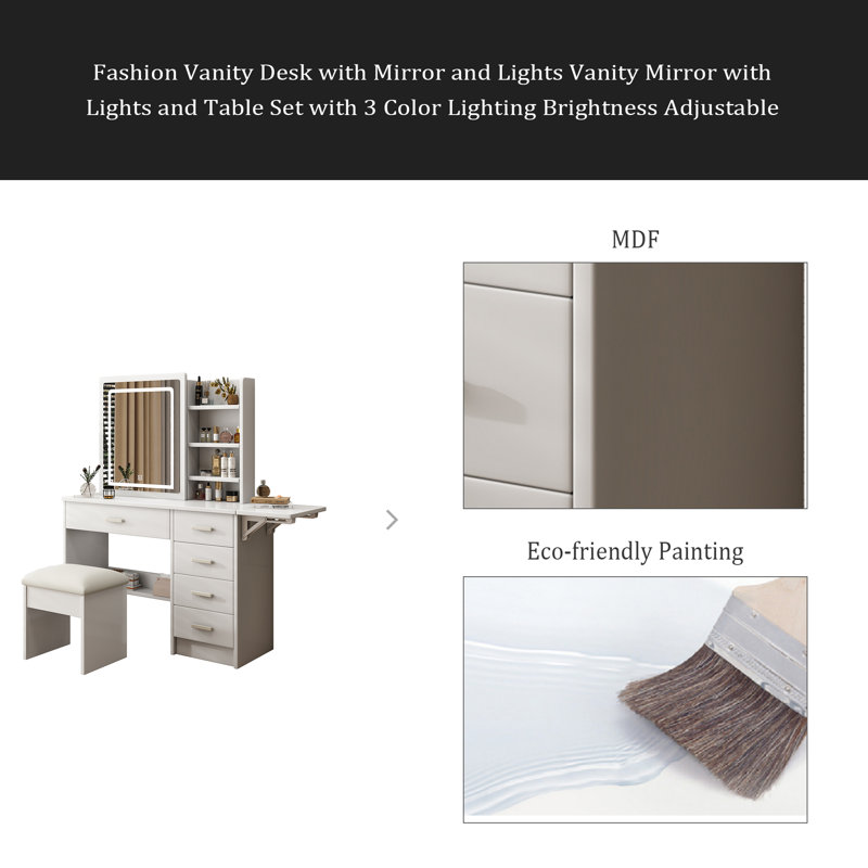 Fashion Vanity Desk With Mirror And Lights For Makeup With Open Shelves And Chair, Vanity Mirror With Lights And Table Set With 3 Color Lighting Brightness Adjustable, 5 Drawers, White Color