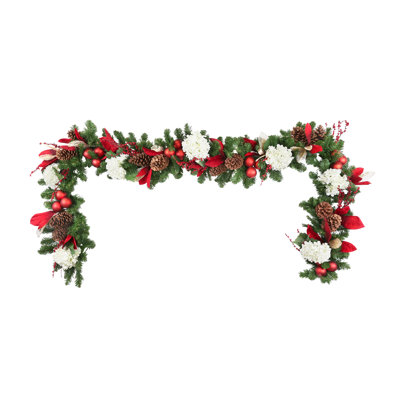 9' Holiday Garland with Hydrangeas, Ornaments and Pinecones