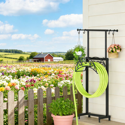 Garden Hose Holder With Telescopic Pole, Freestanding Garden Hose Stand With 4 Spikes, Heavy Duty Sturdy Metal Hose Storage Rack For Outside Yard Lawn Farm